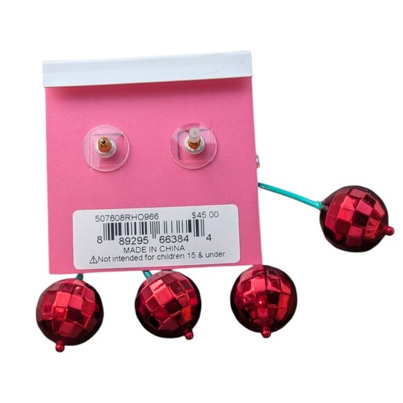 Betsey Johnson Disco Red Cherry Pink Bow Sparkle Earrings Dangle Retro NWT - Picture 2 of 2